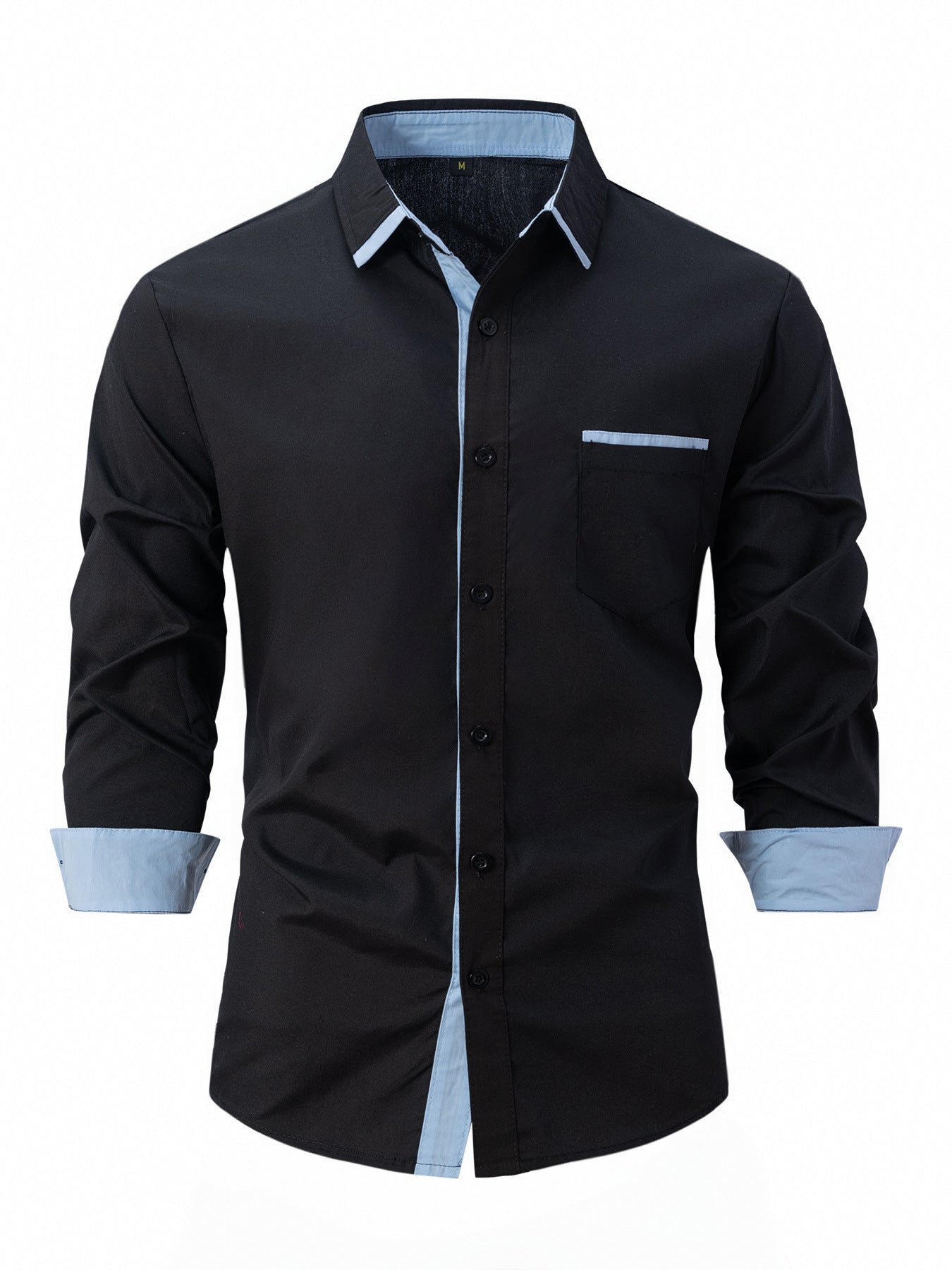 Camicia nera da uomo con dettagli azzurri, maniche lunghe, colletto classico, taschino frontale. Elegante e moderna, ideale per occasioni formali.