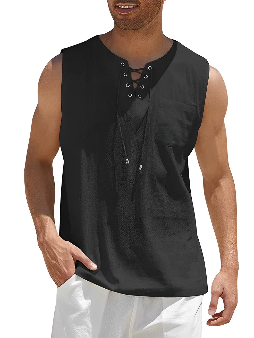 Débardeur à lacets et col en V pour homme | Chemise d'été sans manches, légère et respirante | Haut de plage décontracté à la coupe ample pour homme