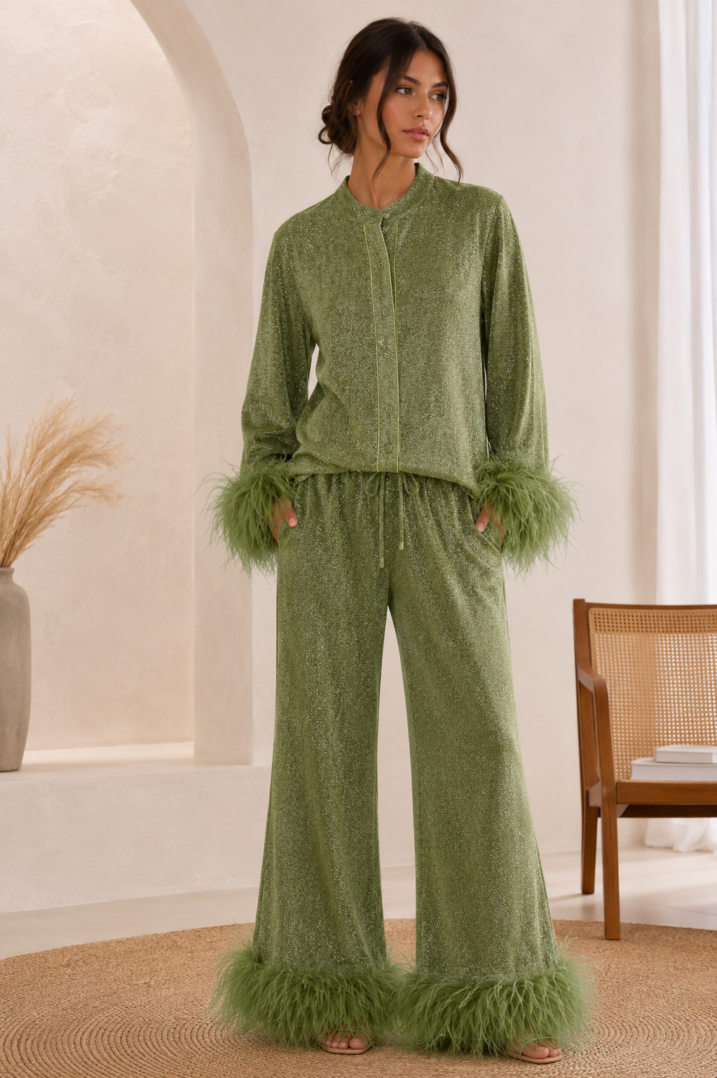 Ensemble coordonné à paillettes pour femme, composé d'un haut orné de plumes et d'un pantalon à jambes larges | Tenue de soirée en deux pièces pour les occasions festives