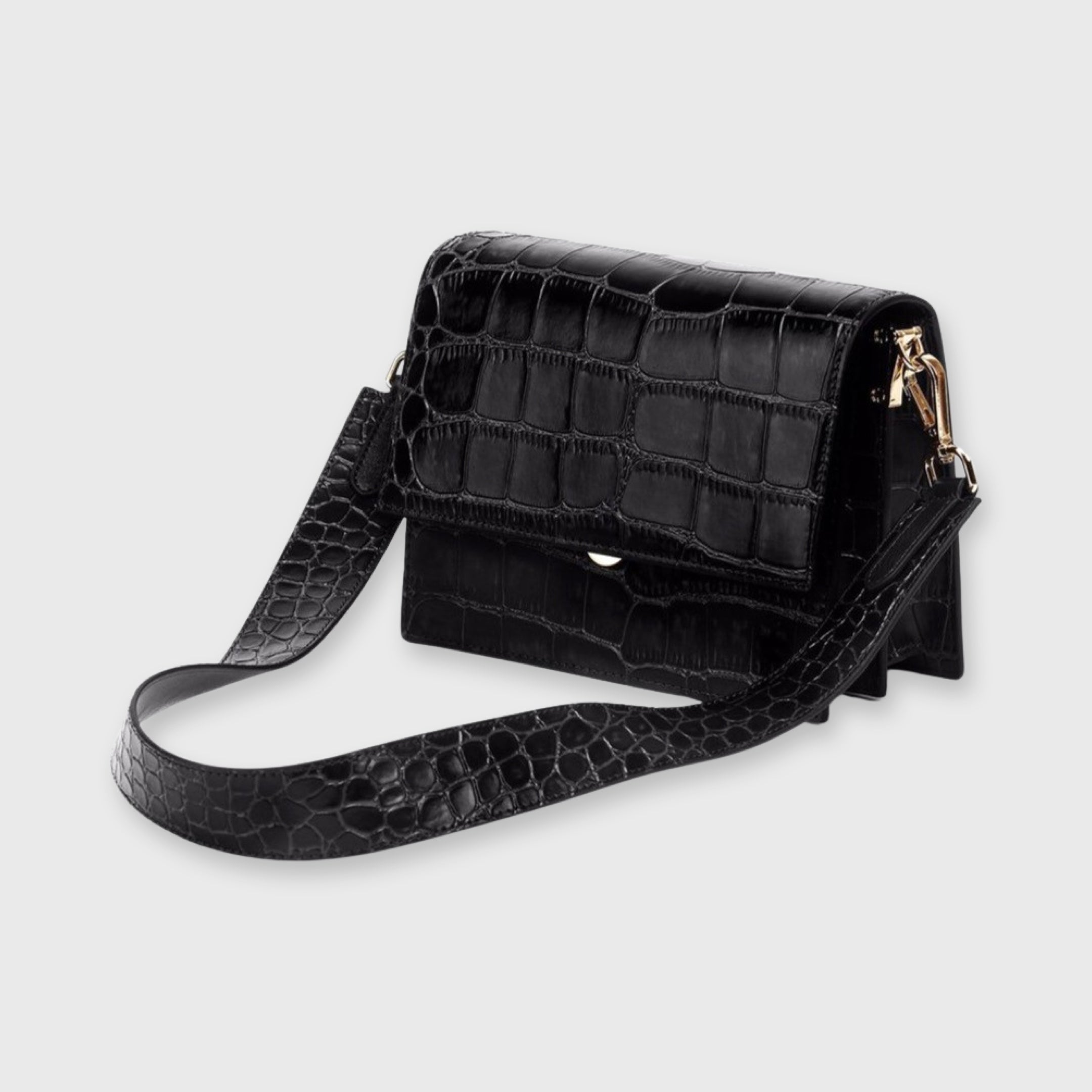 Black crocodile-print shoulder bag angled view