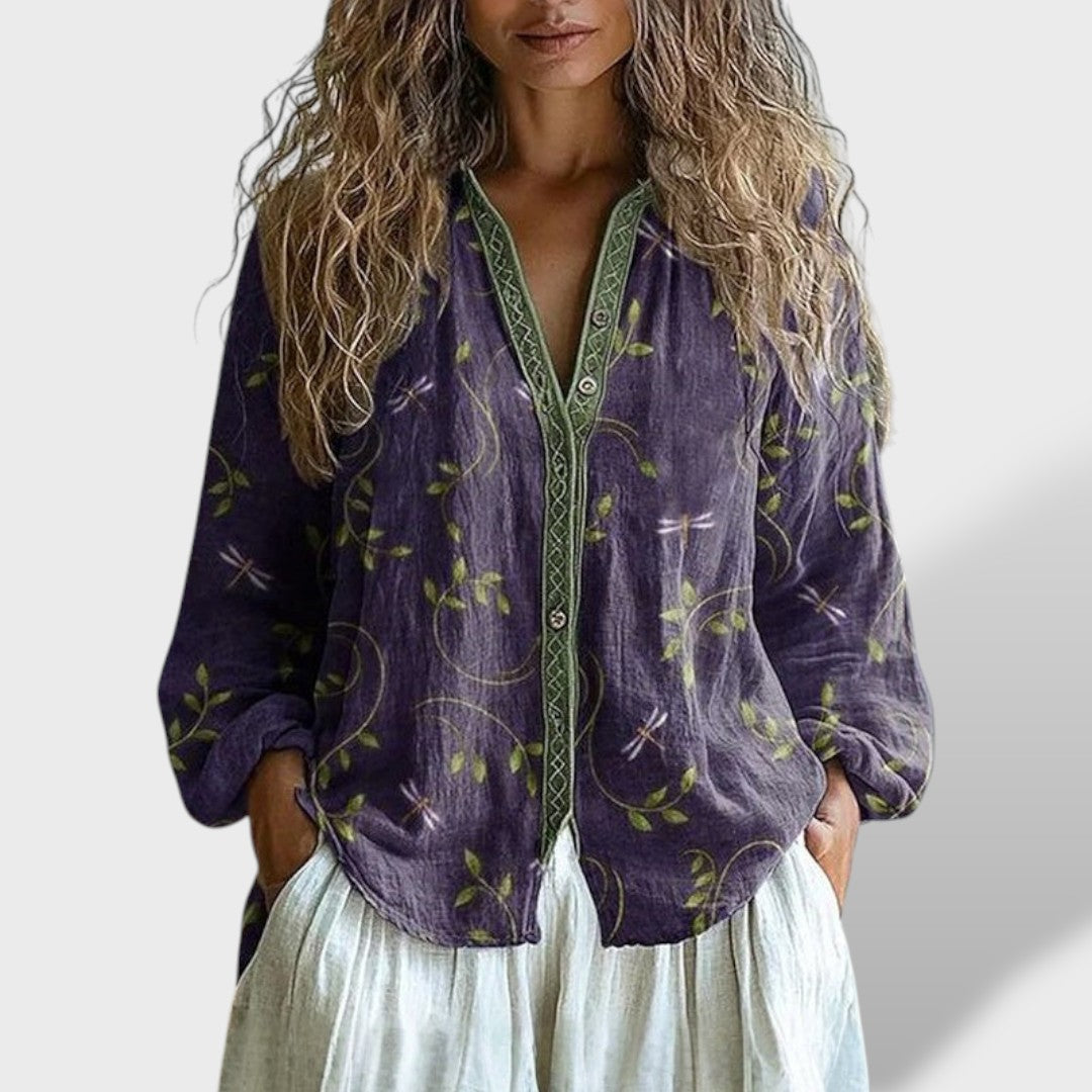 Women's Leaf Print Blouse | Vintage Style Long Sleeve Top | Retro Patterned Shirt for Casual Everyday and Office Wear
