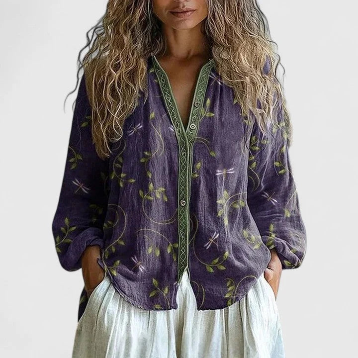 Camicetta da donna con stampa a foglie | Comoda maglietta casual a maniche lunghe | Camicia autunnale con stampa retrò, ideale per il lavoro e per tutti i giorni
