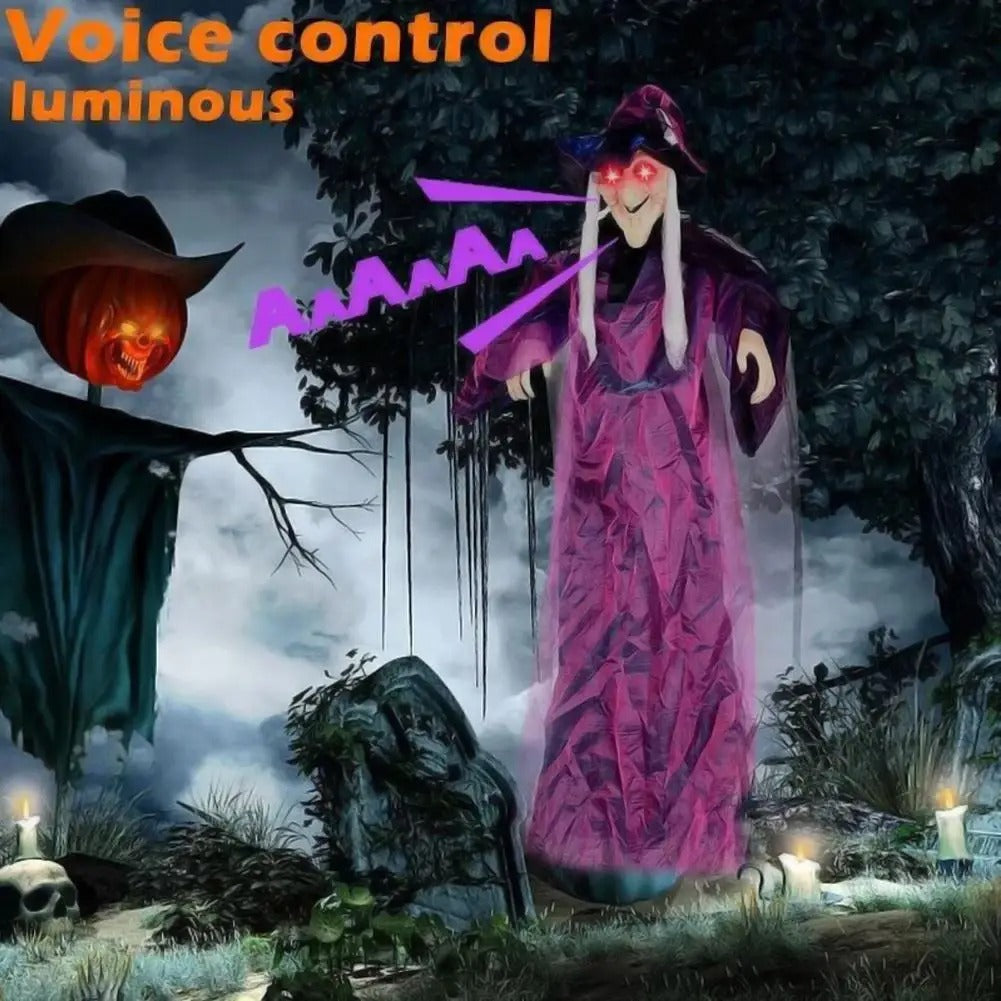 Decoración de Halloween: bruja animatrónica de tamaño real que habla, con ojos luminosos y activación por voz – Atrezo terrorífico para exteriores