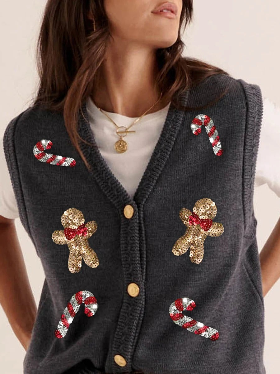 Gilet de Noël pour femme – Cardigan festif à boutons, orné de paillettes représentant des bonhommes en pain d'épices et des cannes à sucre