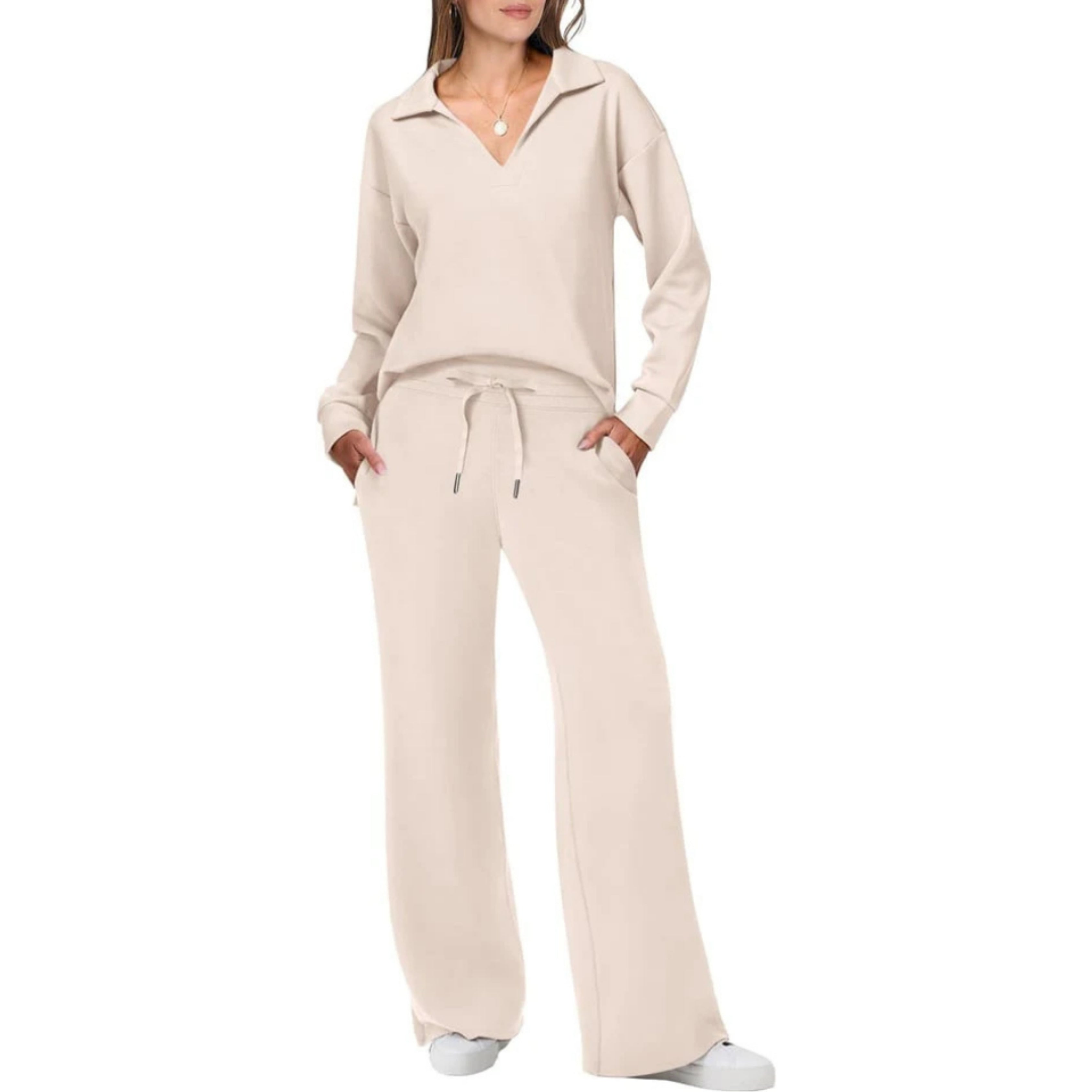 Refined Loungewear Set | Elegant V-Neck Top & Relaxed Pants