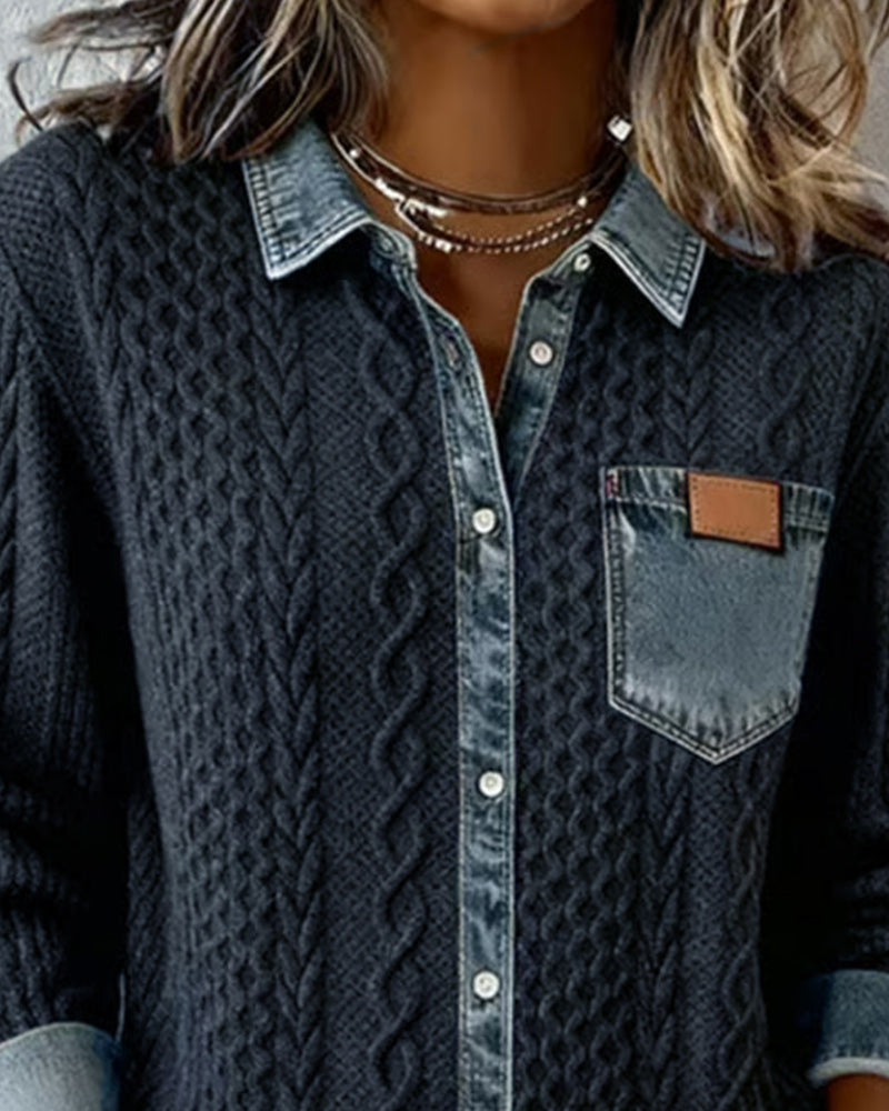 Long Sleeve Shirt with Denim Patchwork | Casual Cotton Blend Button Up Top | Regular Fit Shirt Collar Blouse for Daily Wear