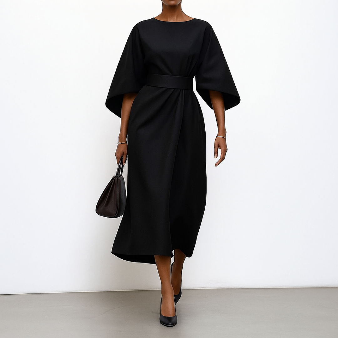 Women's Batwing Sleeve Maxi Dress | Formal Long Dress with Belt and Round Neck | Flowy Evening Gown for Special Occasions