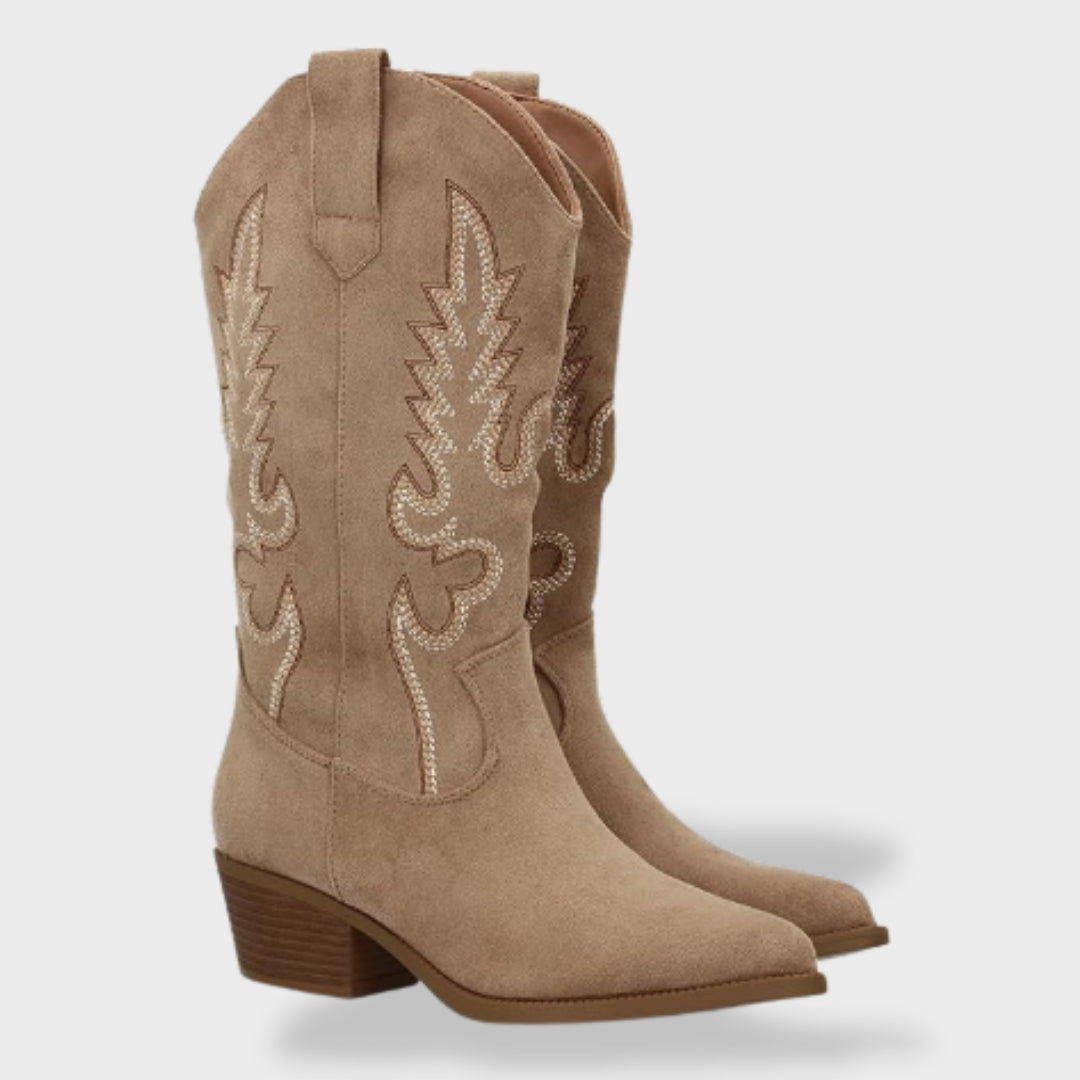 Bottes de cow-boy orthopédiques pour femme | Bottes western hautes en daim, ornées de broderies et dotées d'un talon bas en bois confortable