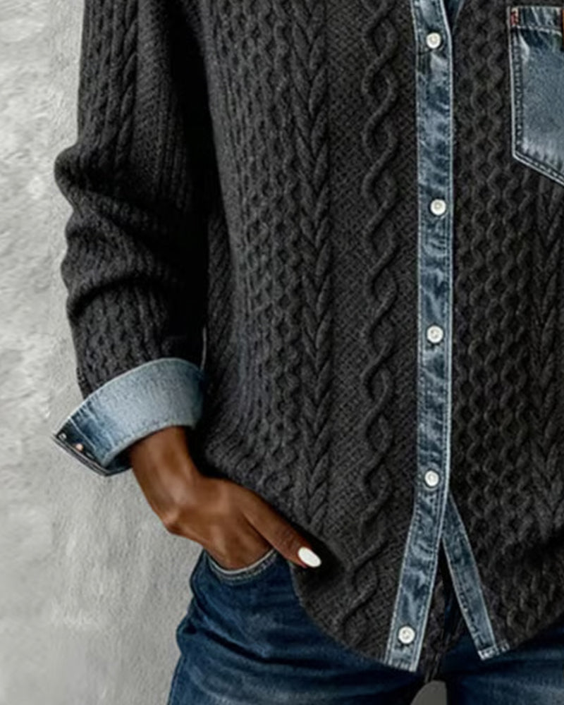 Long Sleeve Shirt with Denim Patchwork | Casual Cotton Blend Button Up Top | Regular Fit Shirt Collar Blouse for Daily Wear