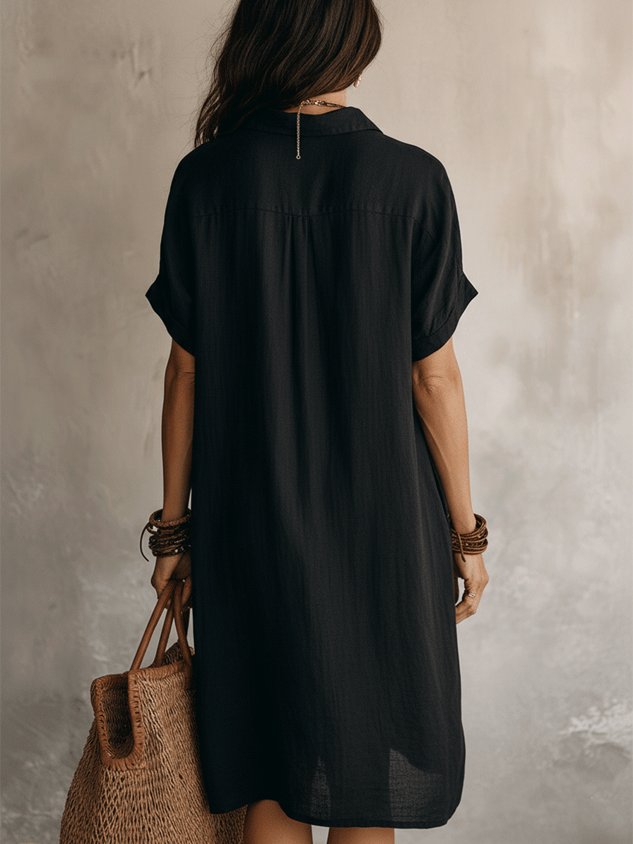 Robe-chemise midi en lin et coton pour femme | Robe d'été décontractée à manches courtes et boutons | Robe de tous les jours ample et respirante