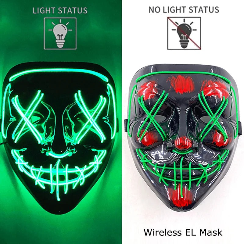 Bezdrátová neonová LED maska na pročištění – maska na Halloween a cosplay, která svítí ve tmě