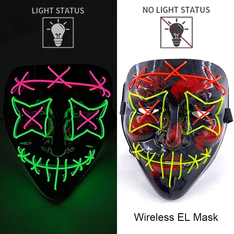 Bezdrátová neonová LED maska na pročištění – maska na Halloween a cosplay, která svítí ve tmě