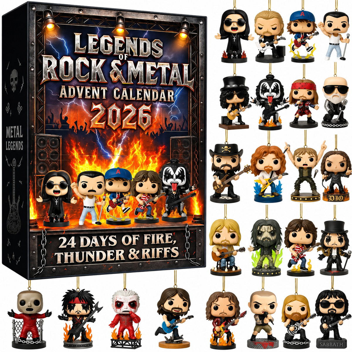 Rock Legends adventi naptár 2026 | 24 darabos zenei ikonokból álló gyűjtői szett rockzenekar-miniatűrökkel és gitáros figurákkal