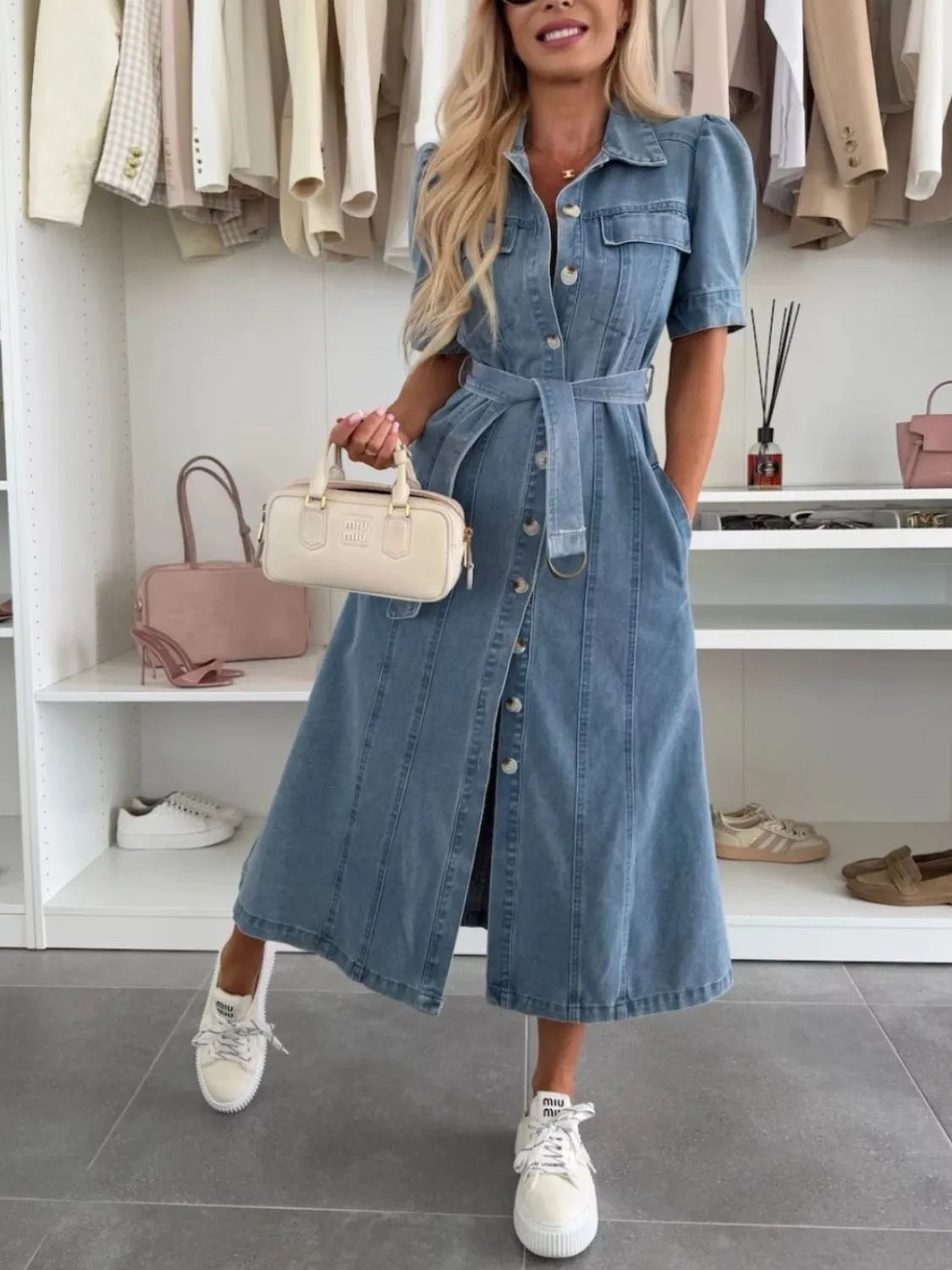 Maxi-denimkjole med ærmer