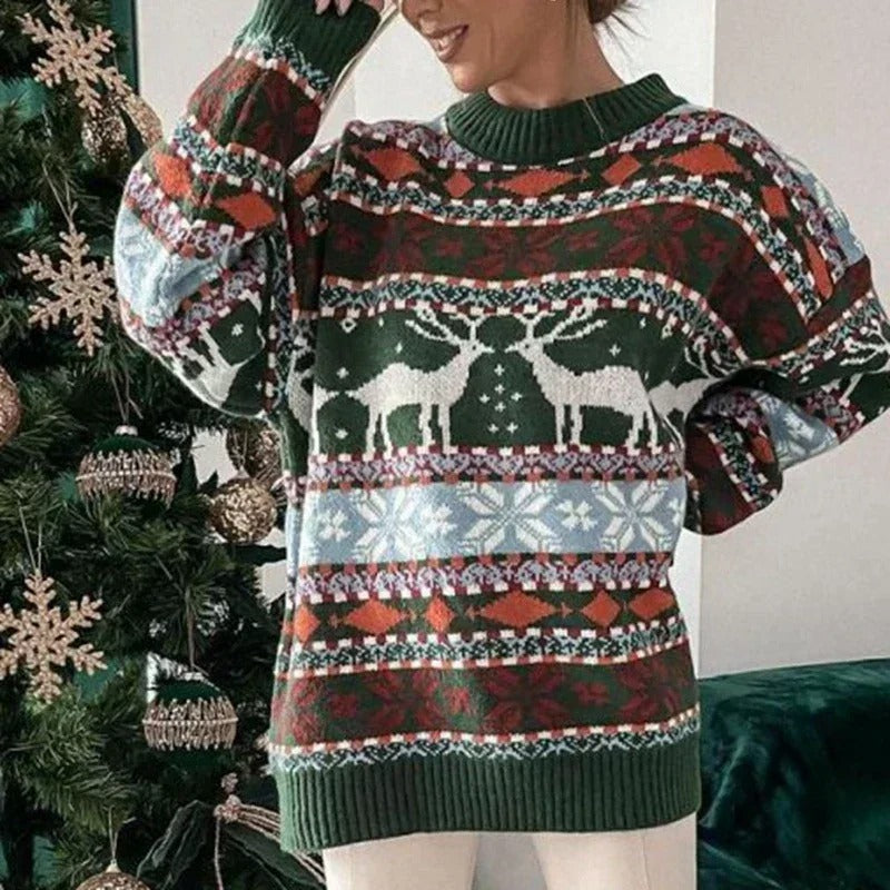 Pull de Noël oversize pour femme – Pull en maille épaisse avec motif géométrique nordique style Y2K