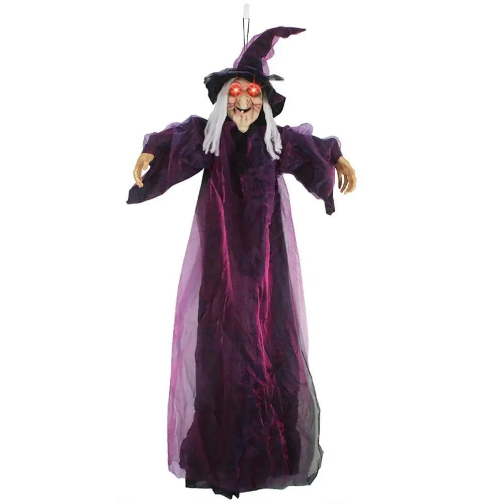 Decoración de Halloween: bruja animatrónica de tamaño real que habla, con ojos luminosos y activación por voz – Atrezo terrorífico para exteriores