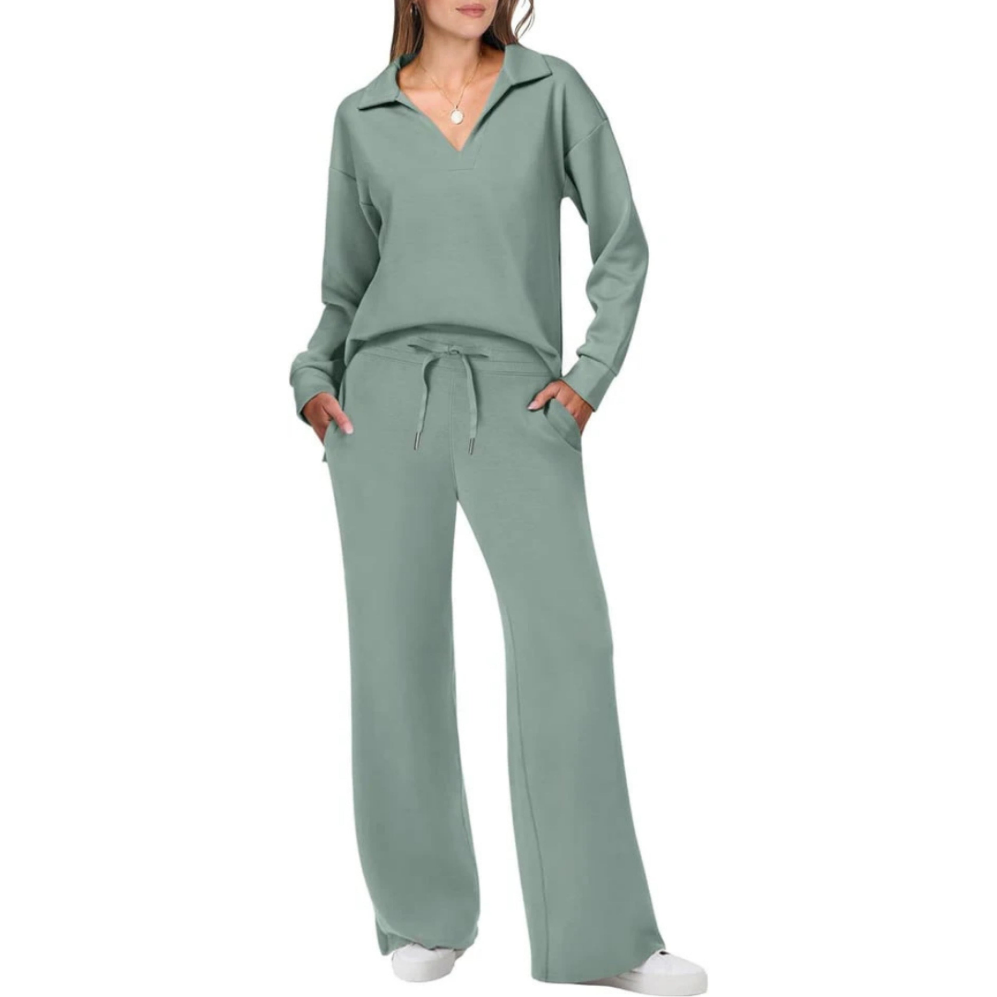 Refined Loungewear Set | Elegant V-Neck Top & Relaxed Pants