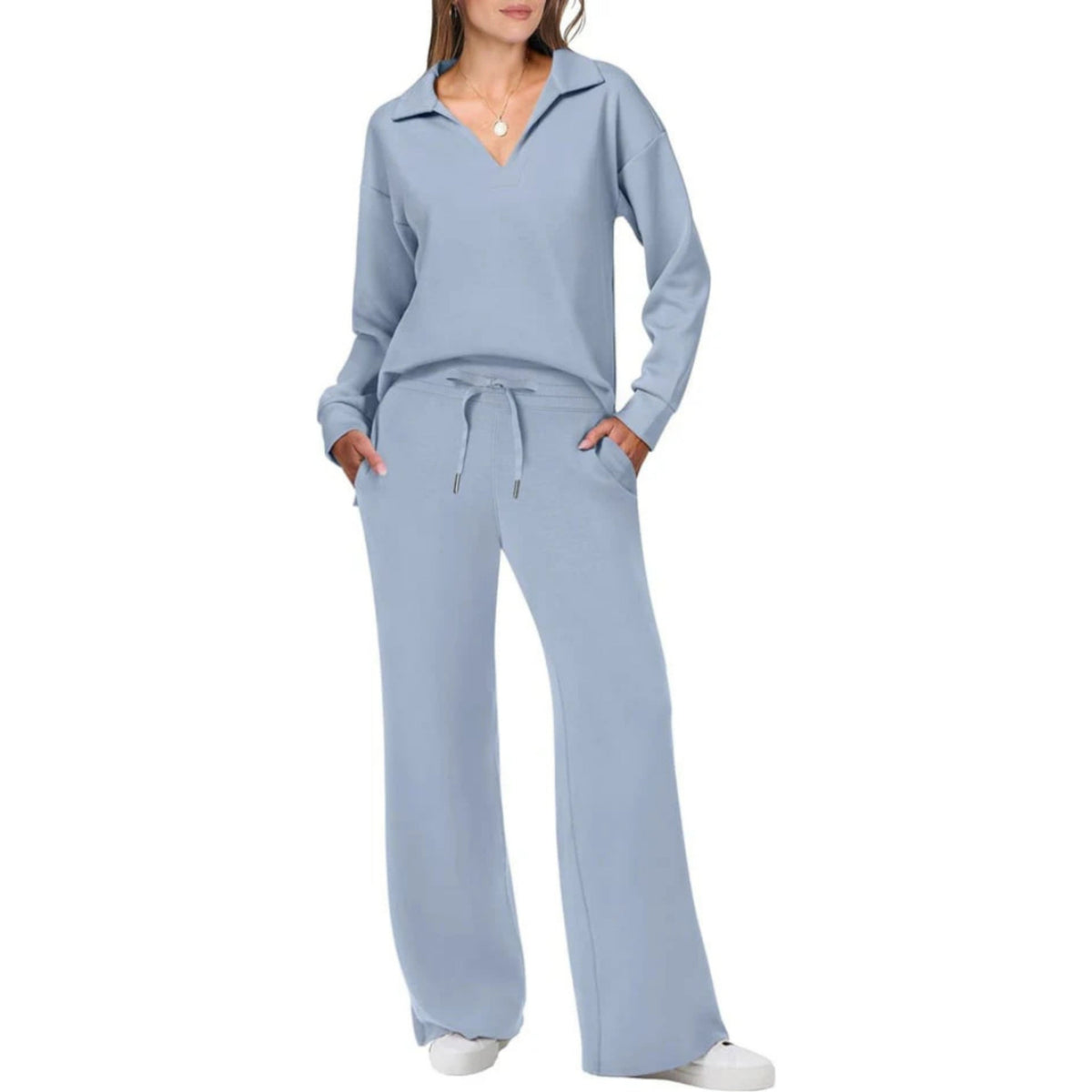 Refined Loungewear Set | Elegant V-Neck Top & Relaxed Pants