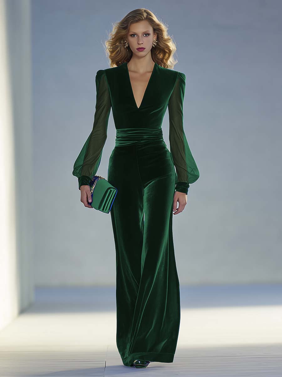Mono de terciopelo para mujer con mangas de malla transparente | Mono de noche con cuello en V para eventos formales | Prenda de ocasión con pierna ancha