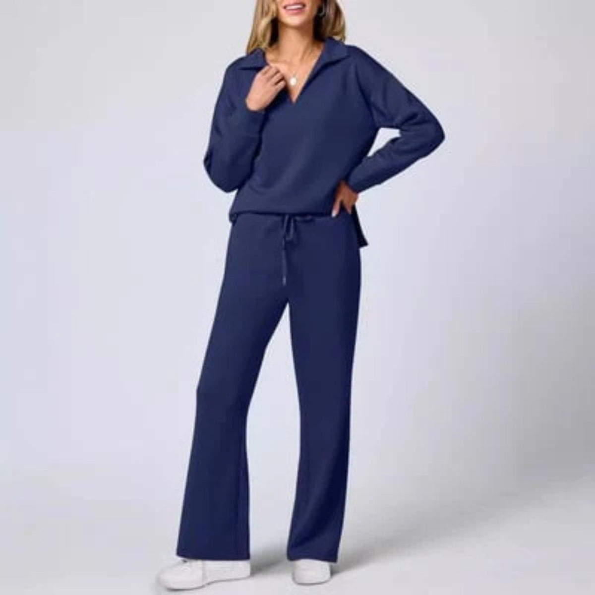 Refined Loungewear Set | Elegant V-Neck Top & Relaxed Pants