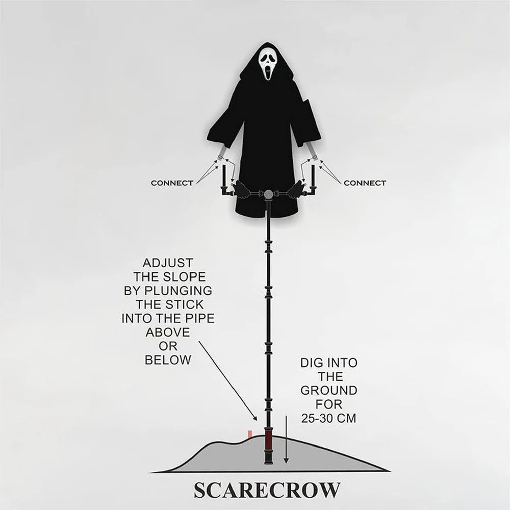Διακόσμηση Χάλοουιν «Ghost Face Scarecrow» – Εξωτερικό κρεμαστό αντικείμενο τρόμου με ρόμπα, στύλο και πασσάλ