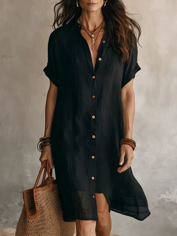 Robe-chemise midi en lin et coton pour femme | Robe d'été décontractée à manches courtes et boutons | Robe de tous les jours ample et respirante