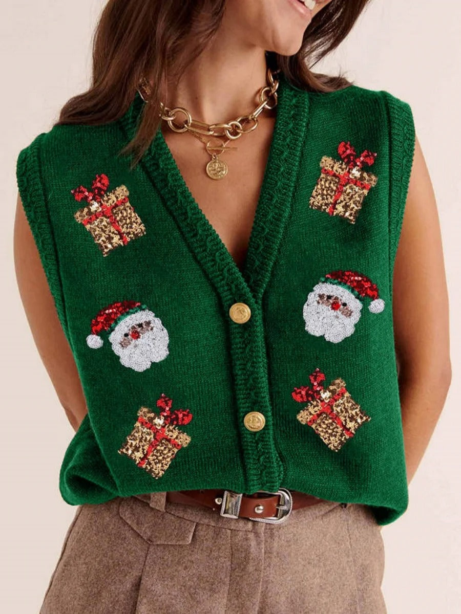 Gilet de Noël pour femme – Cardigan festif à boutons, orné de paillettes représentant des bonhommes en pain d'épices et des cannes à sucre