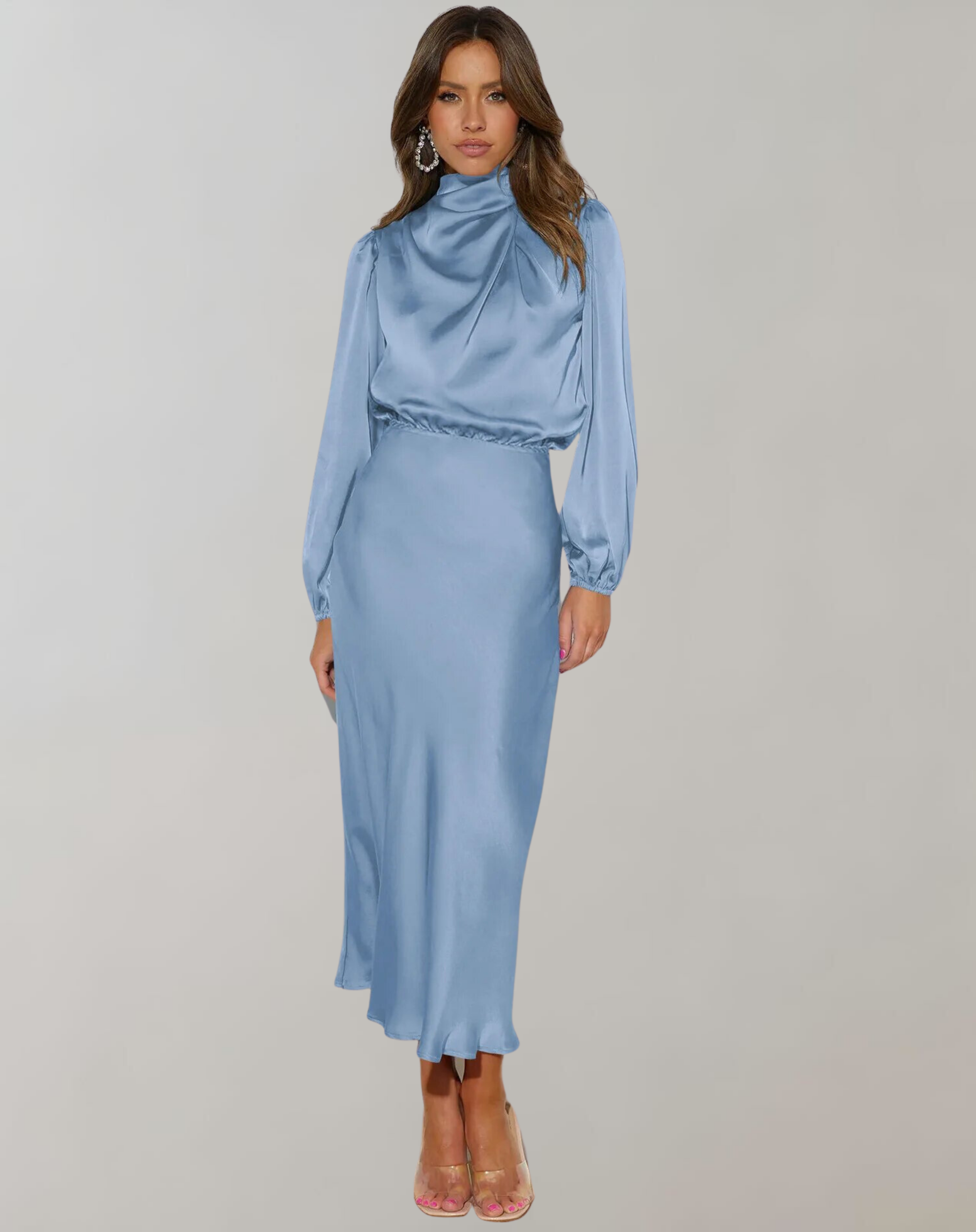 Rochie midi mulată din satin, cu mâneci lungi | Care pune în valoare silueta