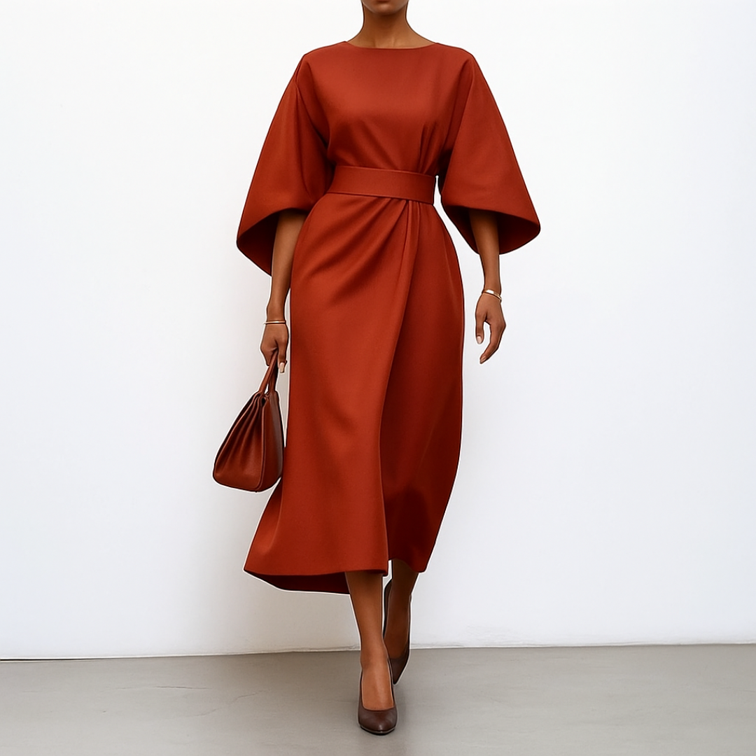 Women's Batwing Sleeve Maxi Dress | Formal Long Dress with Belt and Round Neck | Flowy Evening Gown for Special Occasions