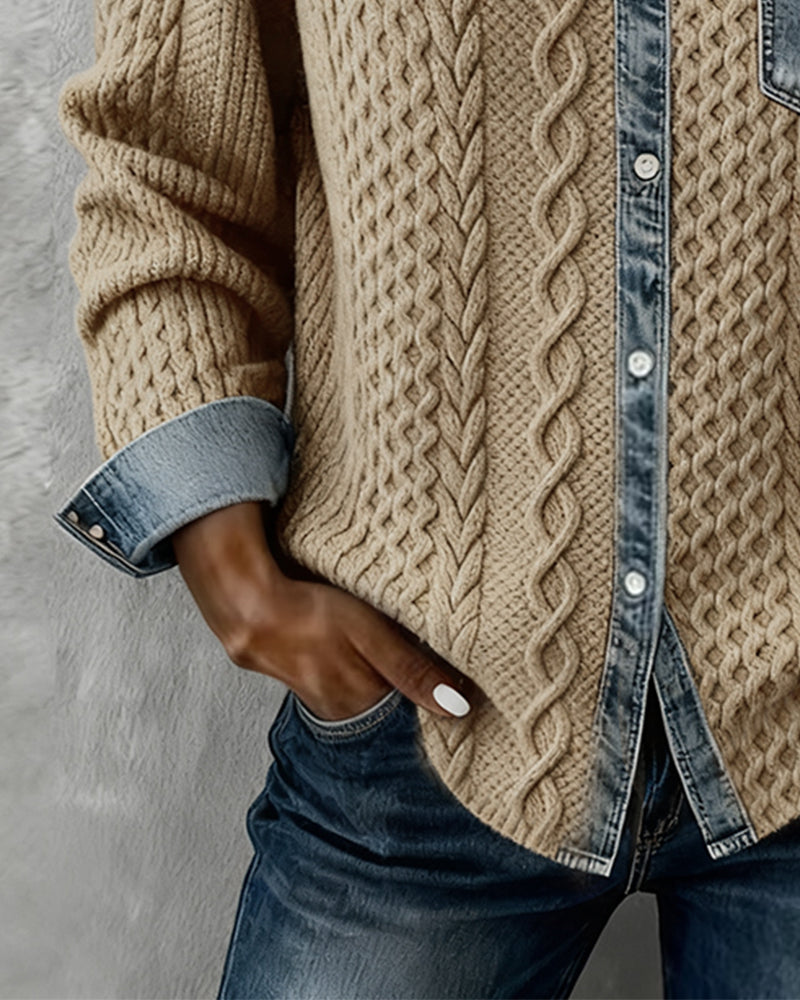 Long Sleeve Shirt with Denim Patchwork | Casual Cotton Blend Button Up Top | Regular Fit Shirt Collar Blouse for Daily Wear