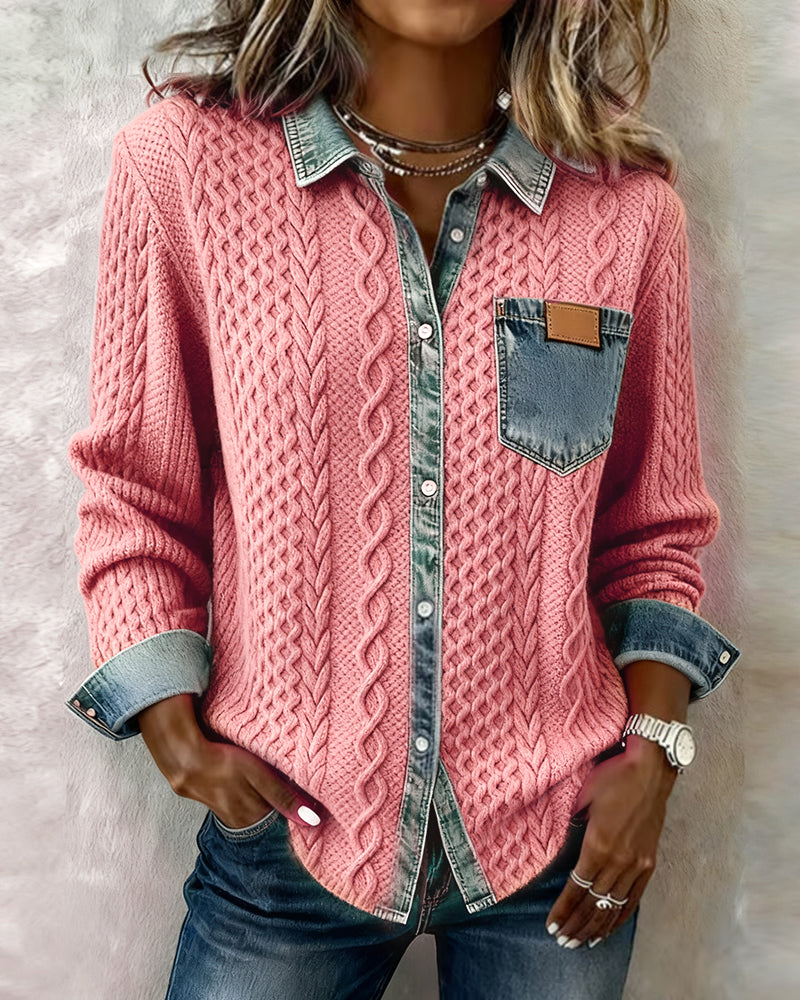 Long Sleeve Shirt with Denim Patchwork | Casual Cotton Blend Button Up Top | Regular Fit Shirt Collar Blouse for Daily Wear