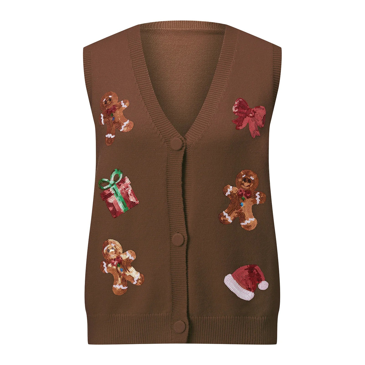 Gilet de Noël pour femme – Cardigan festif à boutons, orné de paillettes représentant des bonhommes en pain d'épices et des cannes à sucre
