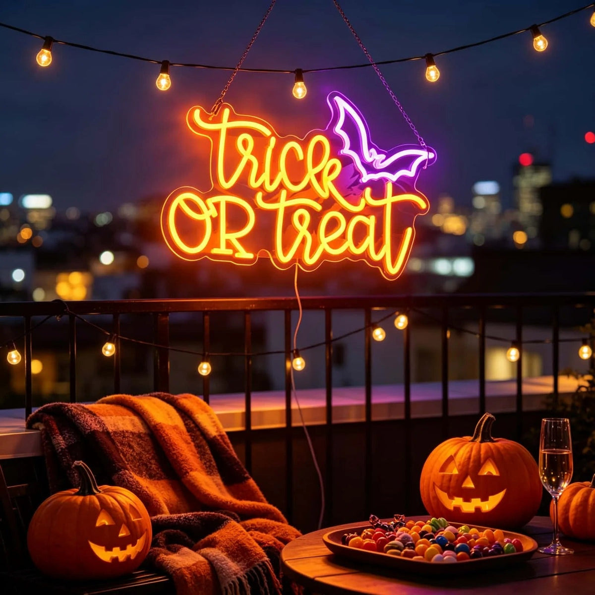 Letrero de neón LED «Trick or Treat» con murciélago, alimentado por USB – Lámpara de pared de Halloween para fiestas, el hogar y decoración festiva