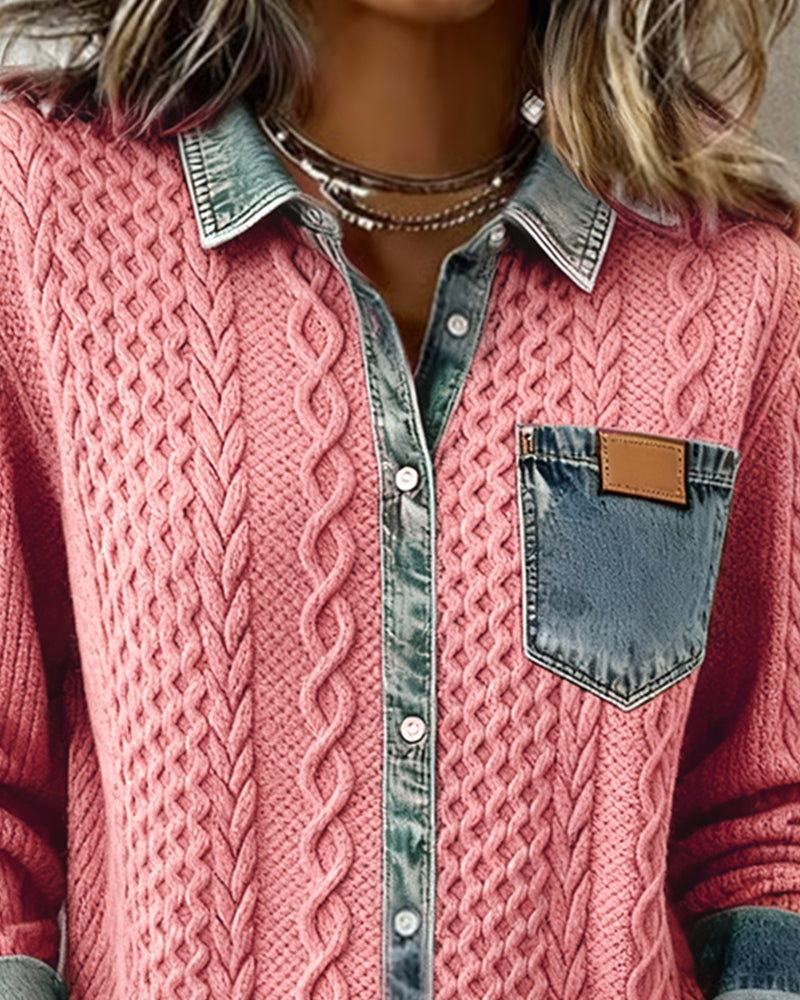 Long Sleeve Shirt with Denim Patchwork | Casual Cotton Blend Button Up Top | Regular Fit Shirt Collar Blouse for Daily Wear