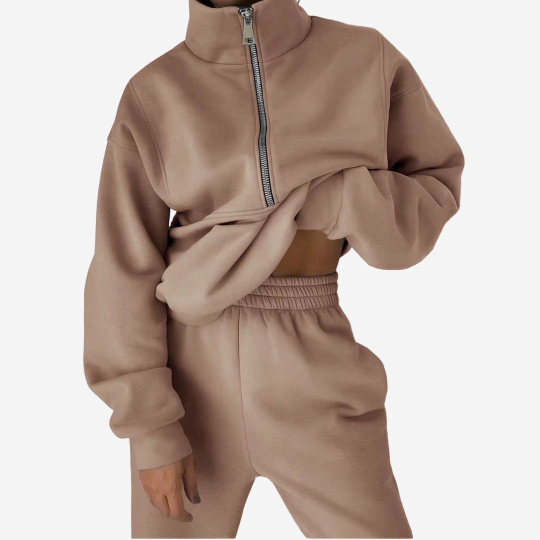 Set de trening din fleece cu fermoar pe jumătate pentru femei | Set de jogging din două piese, compus din hanorac și pantaloni de jogging | Set de îmbrăcăminte casual și confortabilă pentru acasă