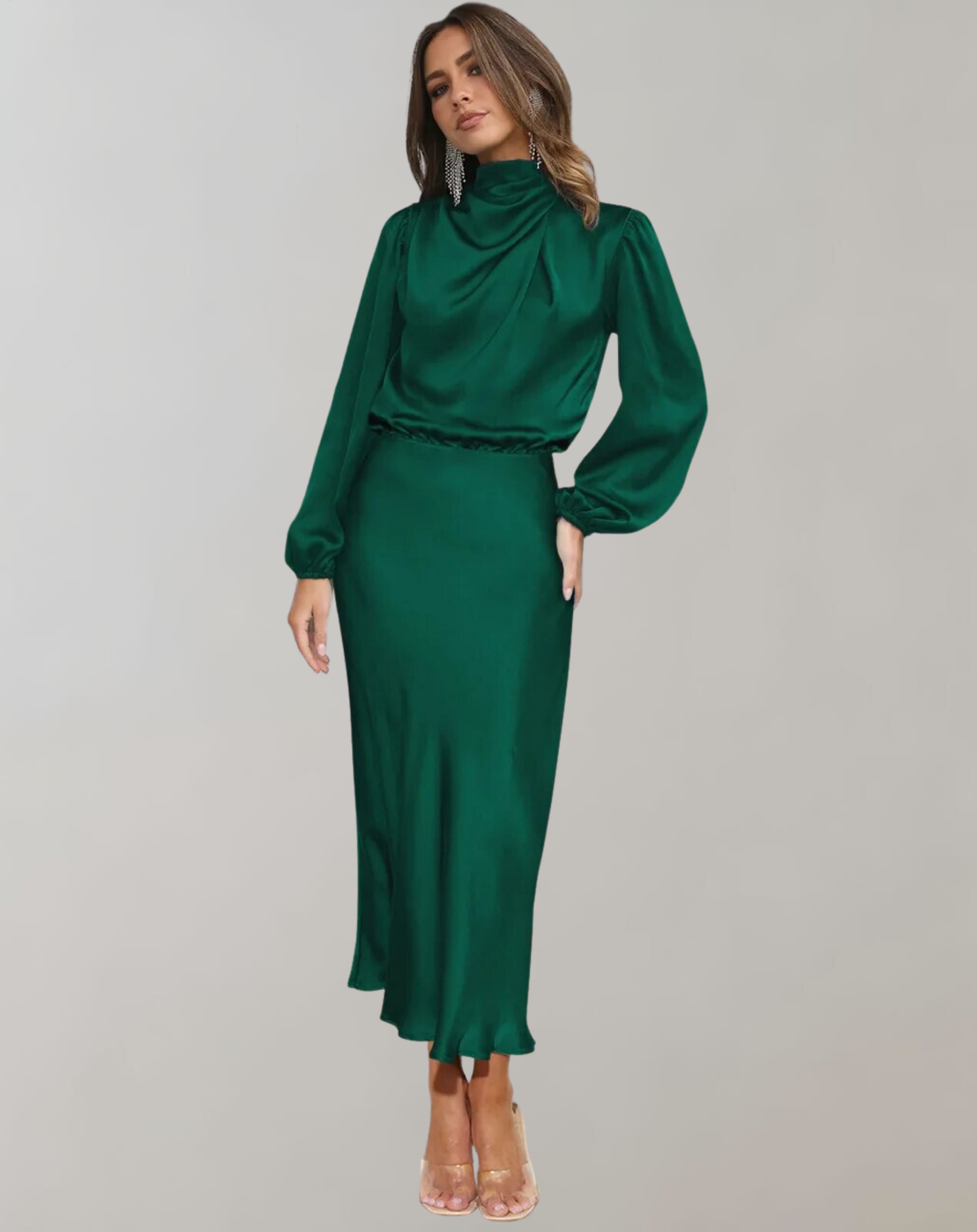 Rochie midi mulată din satin, cu mâneci lungi | Care pune în valoare silueta