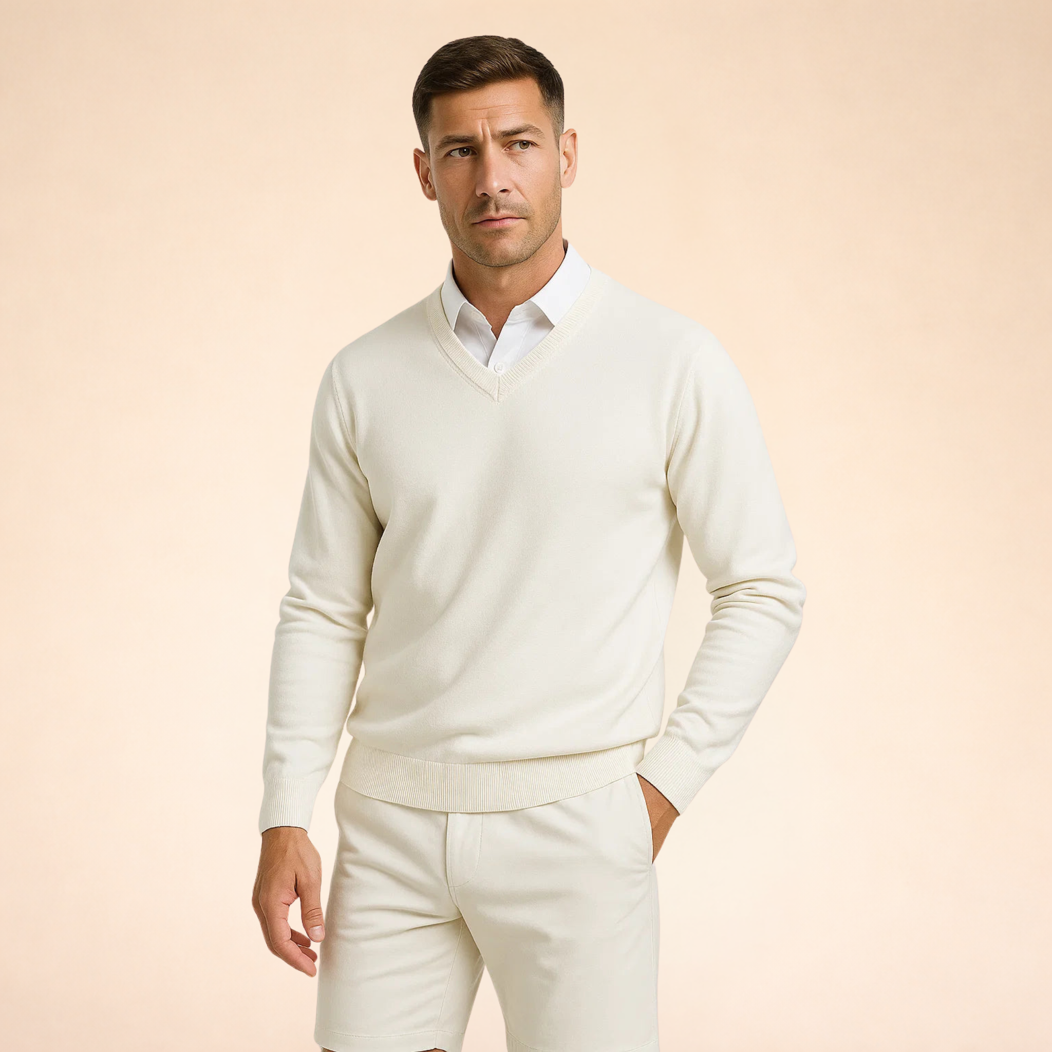 Pulover pentru bărbați cu guler în V din amestec de cașmir | Pulover cu croială slim și tricotaj fin | Pulover ușor, în stil business-casual, pentru uz zilnic