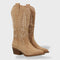 Bottes de cow-boy orthopédiques pour femme | Bottes western hautes en daim, ornées de broderies et dotées d'un talon bas en bois confortable