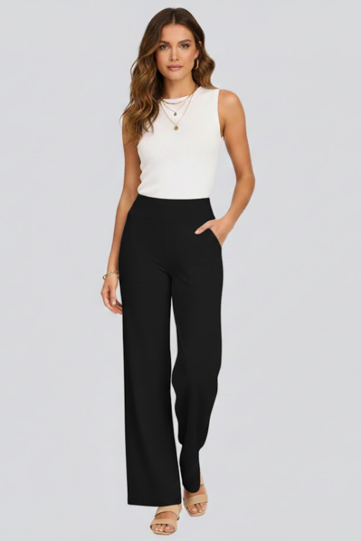 Pantaloni da donna a vita alta e a gamba larga | Comodi pantaloni a gamba dritta senza chiusura, con tasche laterali | Design intrecciato su tutta la lunghezza