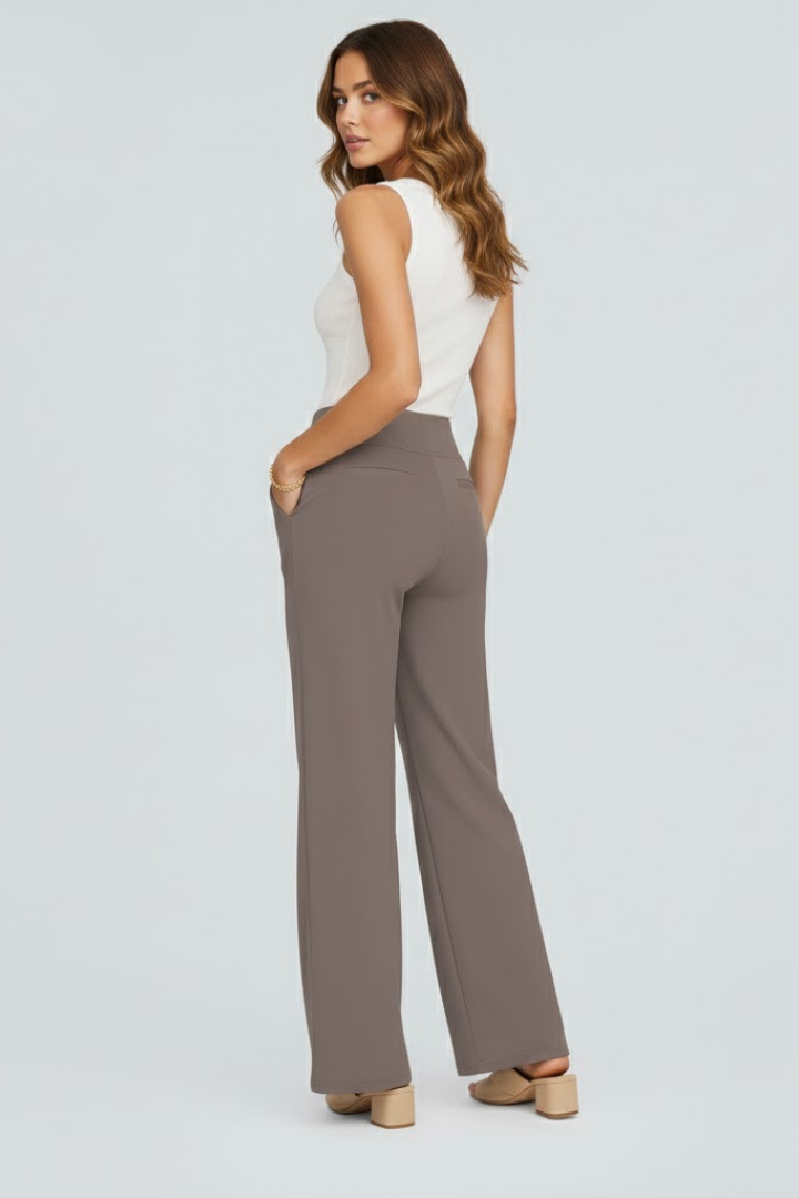 Pantaloni da donna a vita alta e a gamba larga | Comodi pantaloni a gamba dritta senza chiusura, con tasche laterali | Design intrecciato su tutta la lunghezza
