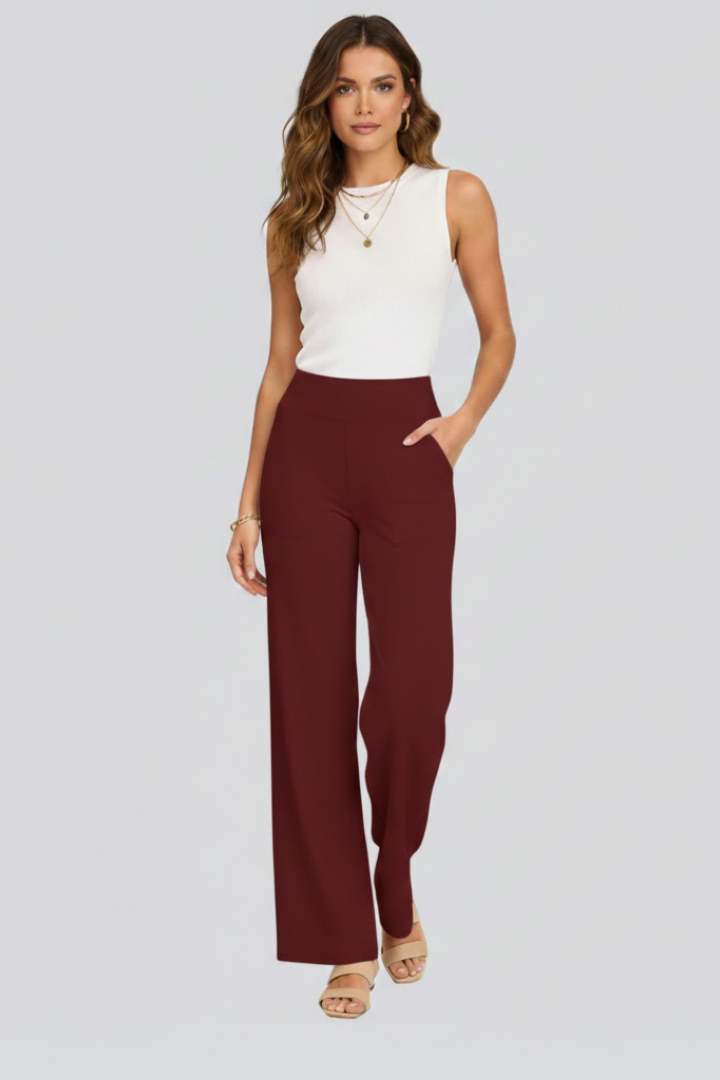 Pantaloni da donna a vita alta e a gamba larga | Comodi pantaloni a gamba dritta senza chiusura, con tasche laterali | Design intrecciato su tutta la lunghezza
