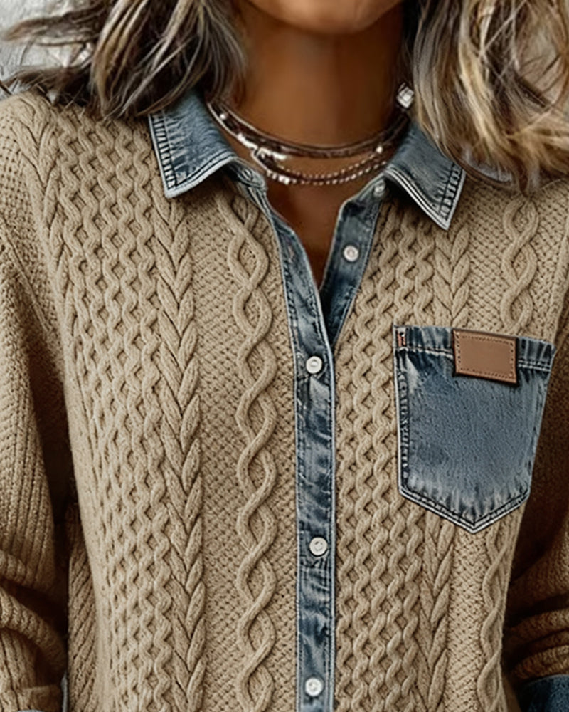 Long Sleeve Shirt with Denim Patchwork | Casual Cotton Blend Button Up Top | Regular Fit Shirt Collar Blouse for Daily Wear