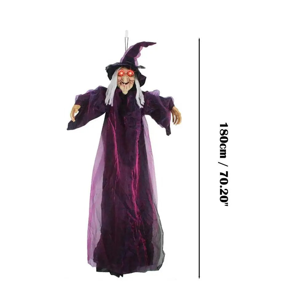 Decoración de Halloween: bruja animatrónica de tamaño real que habla, con ojos luminosos y activación por voz – Atrezo terrorífico para exteriores