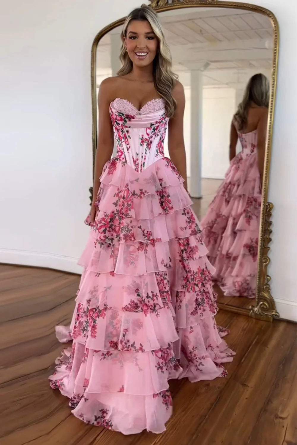 Women’s Flora Floral Tiered Ruffle Corset Maxi Dress