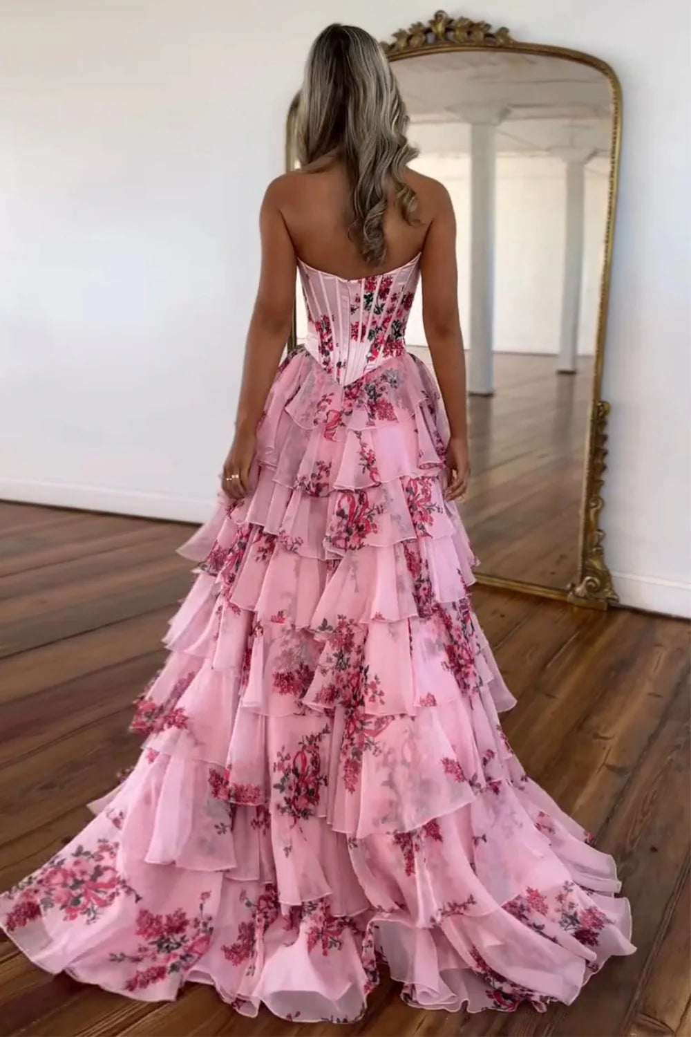Women’s Flora Floral Tiered Ruffle Corset Maxi Dress