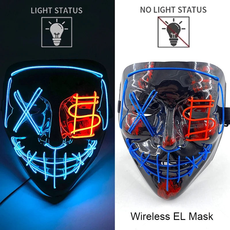 Bezdrátová neonová LED maska na pročištění – maska na Halloween a cosplay, která svítí ve tmě