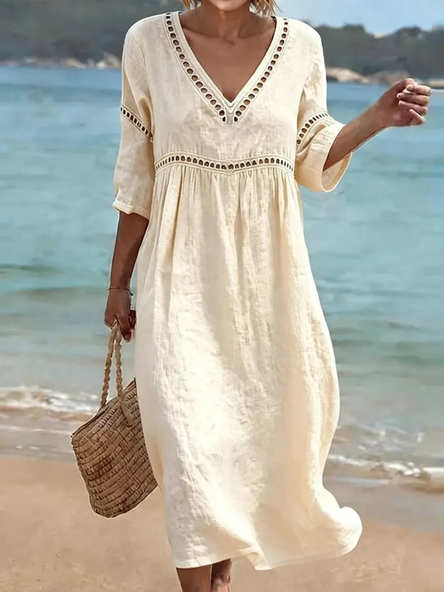 Women's 100% Cotton V-Neck Summer Dress | Lightweight Short Sleeve Midi Dress with Pockets | Casual Relaxed Fit Day Dress