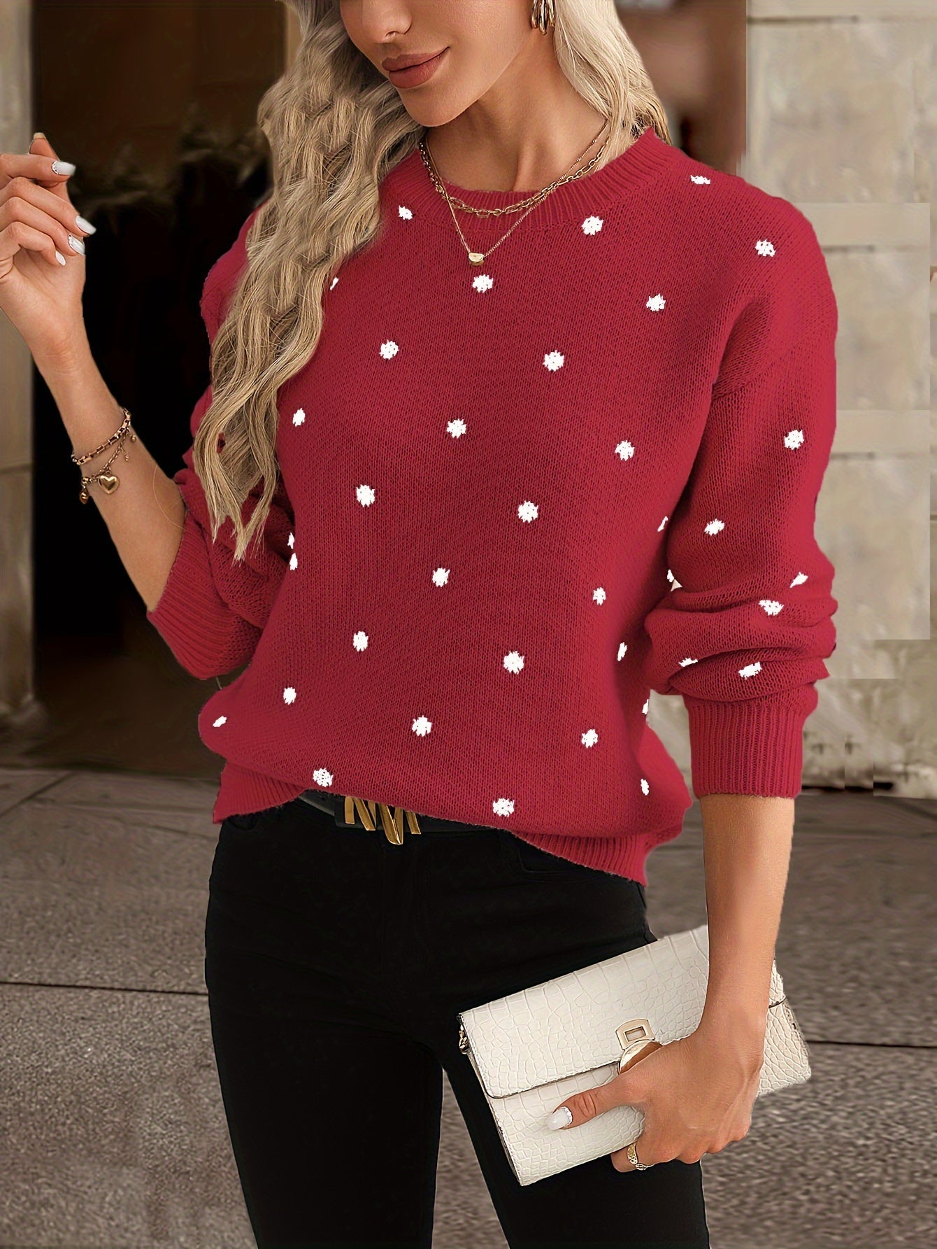 Women's Polka Dot Knit Sweater | Crew Neck
