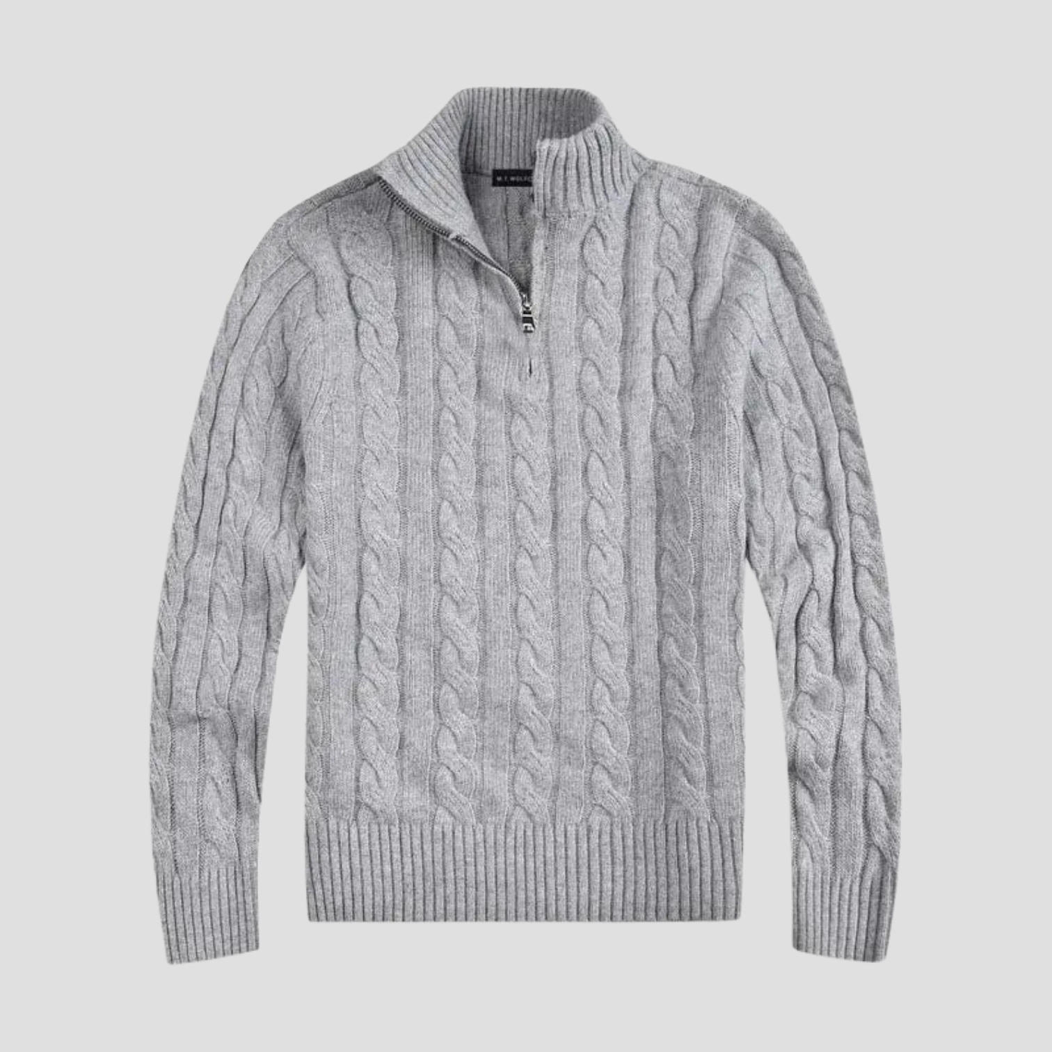 Męski sweter z dzianiny zapinany do połowy na zamek błyskawiczny - Ponadczasowa dzianina w kable łączy się z nowoczesnym wyrafinowaniem