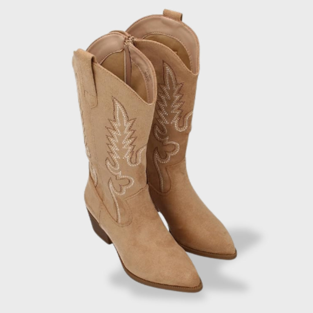 Bottes de cow-boy orthopédiques pour femme | Bottes western hautes en daim, ornées de broderies et dotées d'un talon bas en bois confortable